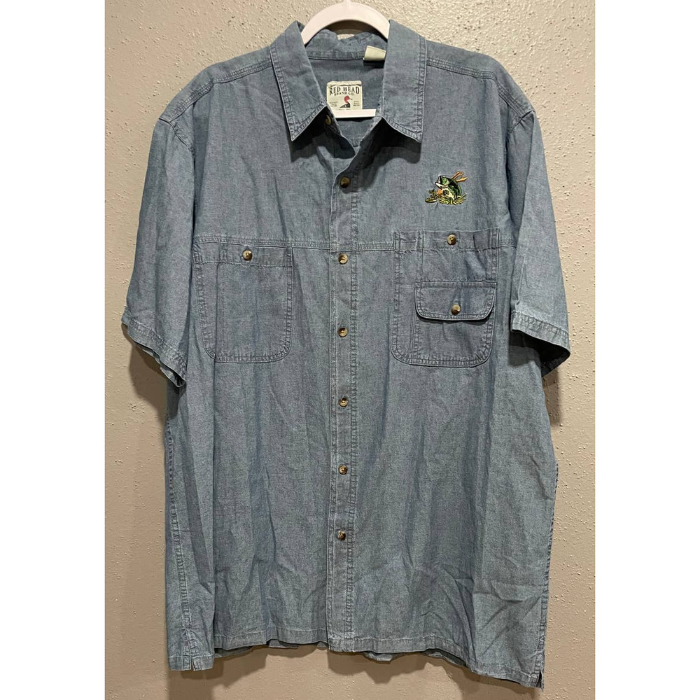 Redhead Brand Co Denim Jean Button Up Shirt Sz XL Short Sleeve Bass Embroidery